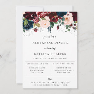 Burgundy Blush Navy Floral Rehearsal Dinner Aankondiging