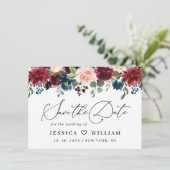 Burgundy Blush Navy Floral Rozen bruiloft Save The Date (Staand voorkant)