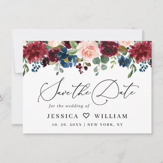 Burgundy Blush Navy Floral Rozen bruiloft Save The Date (Voorkant)