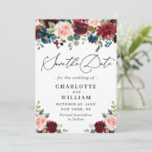 Burgundy Blush Navy Floral Rozen bruiloft Save The Date (Staand voorkant)
