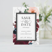 Burgundy Blush Navy Floral Save the Date Aankondiging (Staand voorkant)