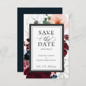 Burgundy Blush Navy Floral Save the Date Aankondiging (Voorkant / Achterkant)