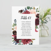Burgundy Blush Navy Floral Seating Chart Card Kaart (Staand voorkant)