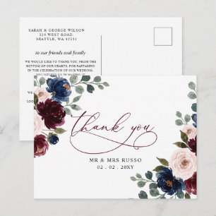 Burgundy Blush Navy Groenaarde Bloemige Dankjewel Briefkaart