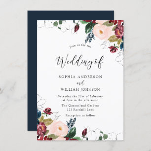 Burgundy Blush Navy Indigo Florals Wedding Kaart