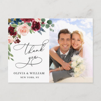 Burgundy Blush Navy Roos Weddenschap Foto bedankt Briefkaart