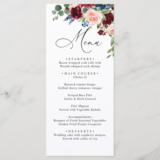 Burgundy Blush Navy Rozen Weddenschap Menu (Voorkant)