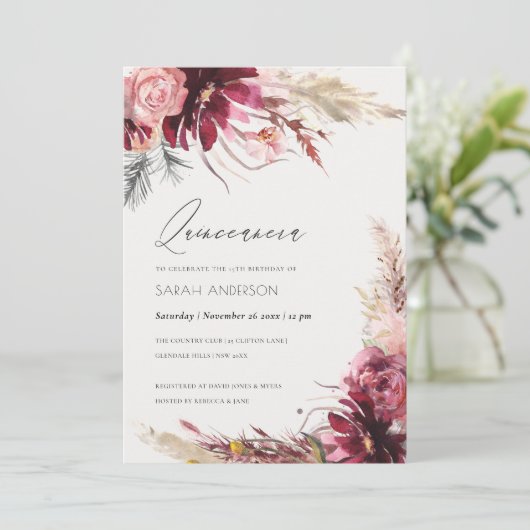Burgundy Blush Pampas Grass Quinceanera Invitation (Debout devant)