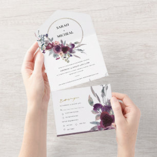 BURGUNDY BLUSH PEACH GROENE GRAY FLORAL WREATH ALL IN ONE UITNODIGING