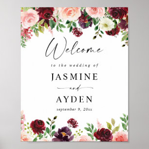 Burgundy & Blush Pink 4 Floral Welcome Sign Poster