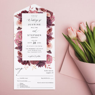 Burgundy & Blush Pink 8B Weddenschap 2 All In One Uitnodiging