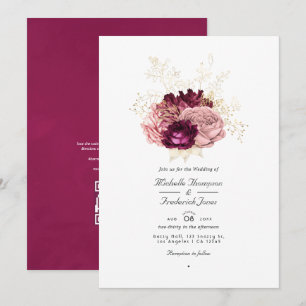 Burgundy Blush Pink and Gold QR Code RSVP Weddensc Kaart