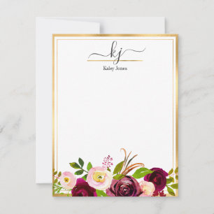 Burgundy Blush Pink Botanical Floral Monogram Notitiekaartje