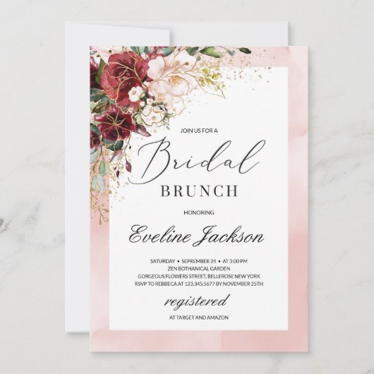 Burgundy Blush Pink Floral Bridal Brunch Invite Kaart (Voorkant)