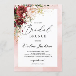 Burgundy Blush Pink Floral Bridal Brunch Invite Kaart