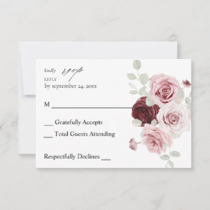 Burgundy & Blush Pink Floral Ele 6 no Meal RSVP 2 Kaartje