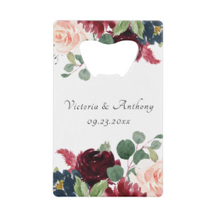 Burgundy Blush Pink Floral Elegant Script Weduwsch Kredietkaart Flessenopener