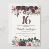 Burgundy Blush Pink Floral Leaves 16e verjaardag Kaart (Voorkant)