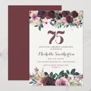 Burgundy Blush Pink Floral Leaves 75th Birthday Kaart