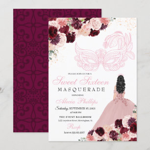 Burgundy Blush Pink Floral Masquerade Sweet 16 Inv Kaart