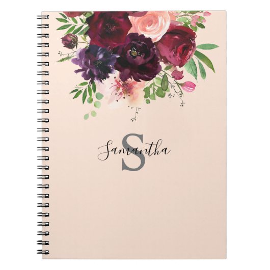 Burgundy & Blush Pink Floral Monogram Notitieboek (Voorkant)