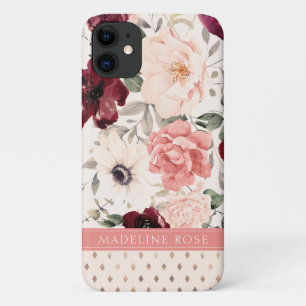 Burgundy Blush Pink Floral Name iPhone 11 Hoesje