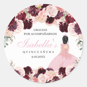 Burgundy Blush Pink Floral Quinceanera Ronde Sticker