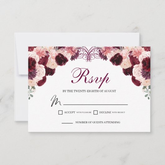 Burgundy Blush Pink Floral RSVP Enclosure Kaart (Voorkant)