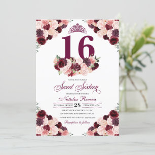 Burgundy Blush Pink Floral Sweet Sixteen Birthday Kaart