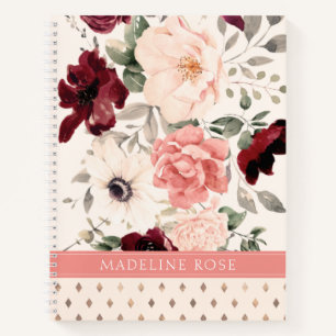 Burgundy Blush Pink Floral Waterverf Name Notitieboek