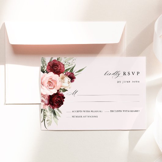 Burgundy Blush Pink Floral Wedding RSVP Card