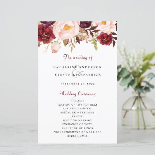 Burgundy Blush Pink Garden Floral Wedding Programm (Staand voorkant)