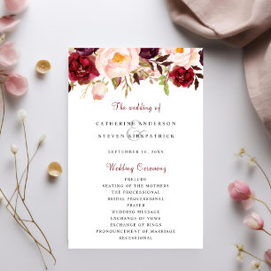 Burgundy Blush Pink Garden Programme de mariage fl