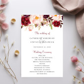 Burgundy Blush Pink Garden Programme de mariage fl