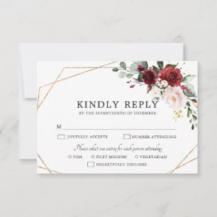 Burgundy Blush Pink Rose Boho Geometric Wedding RSVP Kaartje