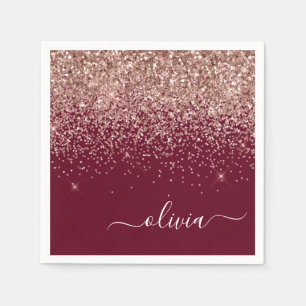 Burgundy Blush Pink Rose Gold Glitter Monogram Servet