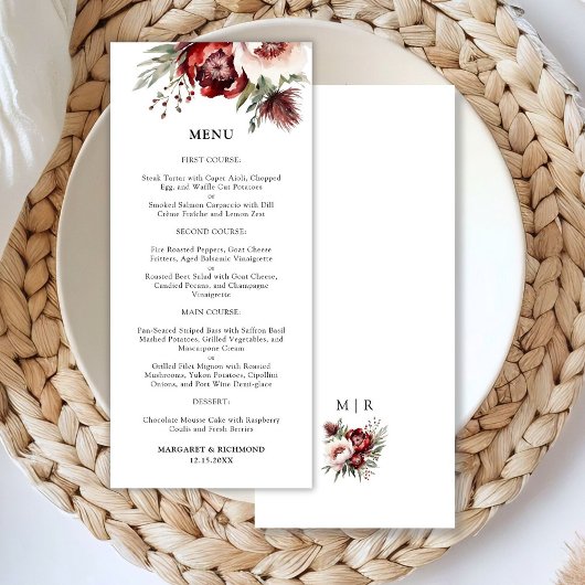 Burgundy Blush Pink Rustic Floral Menu Mariage