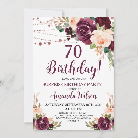 Burgundy Blush Pink Script Surprise Birthday Party Kaart (Voorkant)