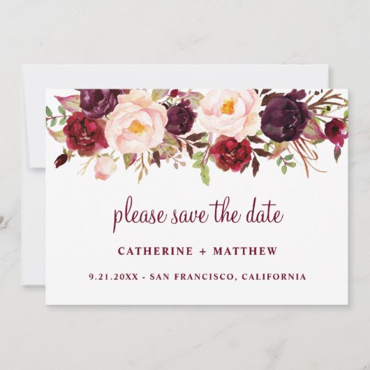 Burgundy Blush Pink Wedding Save the Date (Voorkant)