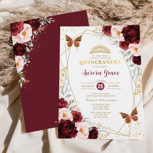 Burgundy Blush Quinceañera Butterflies Geometric Kaart