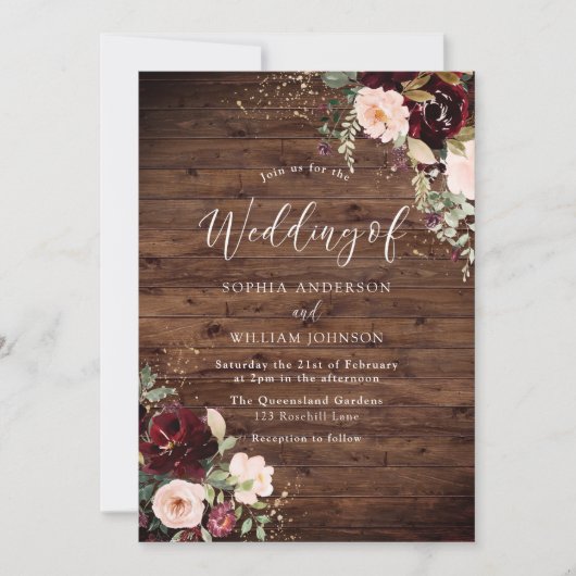 Burgundy Blush Red Wine Floral Fall Wedding Kaart (Voorkant)