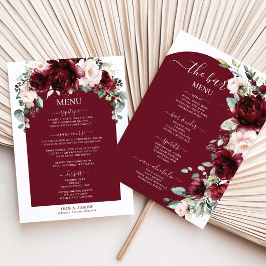 Burgundy Blush Rose Floral Mariage Dinner Bar Menu
