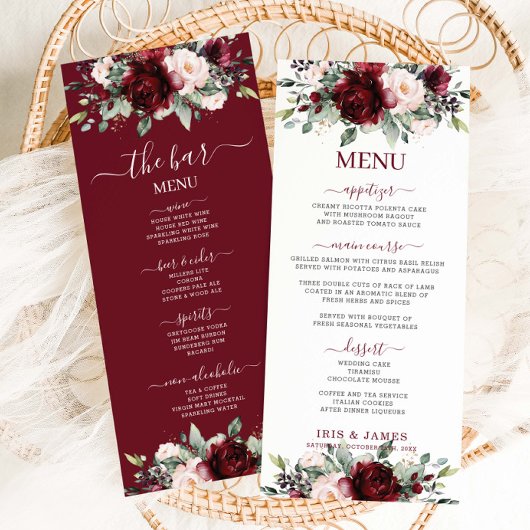 Burgundy Blush Rose Floral Mariage Menu