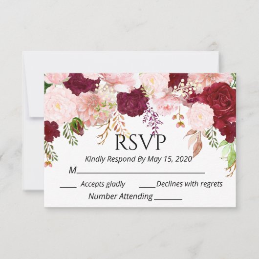 Burgundy Blush Rose Floral RSVP mariage Aquarelle (Devant)