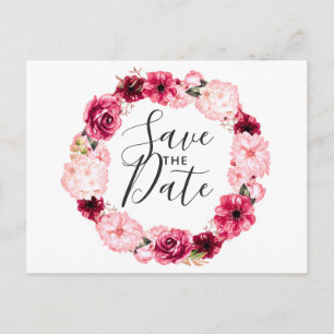 Burgundy & Blush Roze Bloemenkrans Save the Date Aankondigingskaart