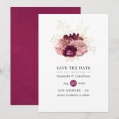 Burgundy, Blush Roze en Gouden Bloem Bruiloft Save The Date (Voorkant / Achterkant)