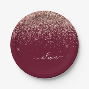 Burgundy Blush Roze Gouden Glitter Monogram Papieren Bordje