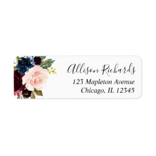Burgundy blush roze navy blue floral waterverven etiket