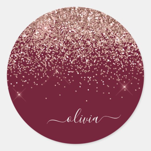 Burgundy Blush Roze Rose Goud Glitter Monogram Ronde Sticker (Voorkant)