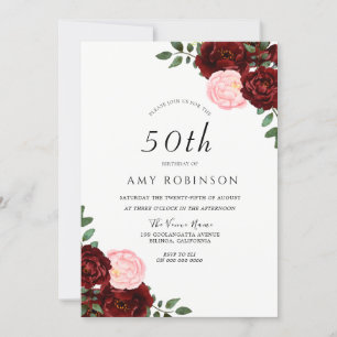 Burgundy Blush Rozen 50th Birthday Party Kaart